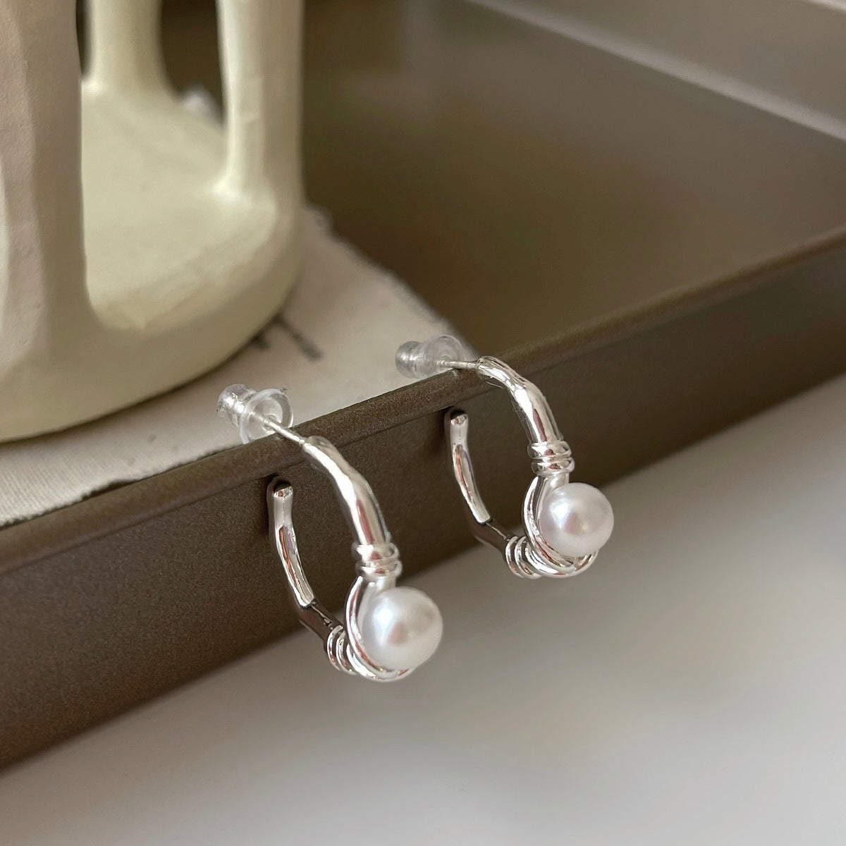 Silver C Hoop Earrings with Pearl