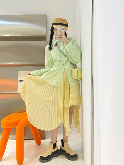 20%OFF_小鸡黄不规则半裙Light Goldenrod Pleated Skirt