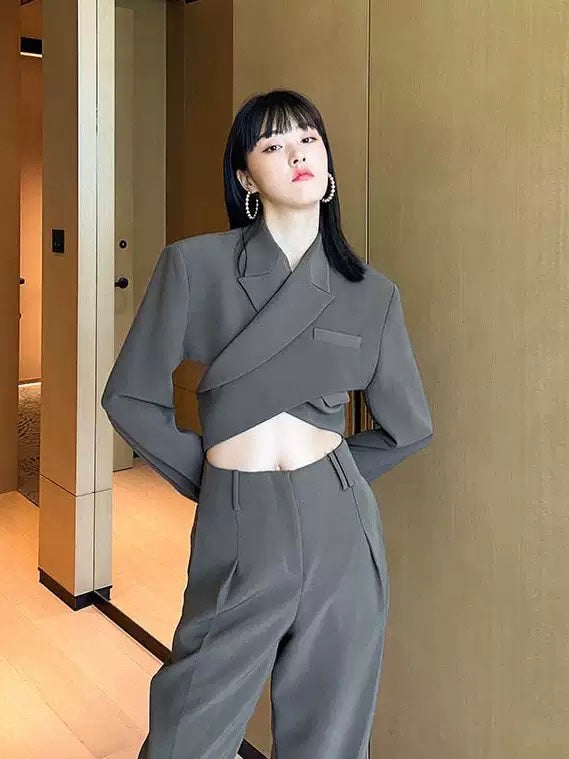 40%OFF_御姐露背绑带套装Grey Backless Suit