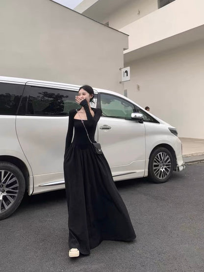 黑色大领口长裙Black Trumpet Maxi Dress