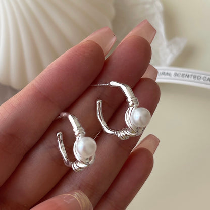 Silver C Hoop Earrings with Pearl