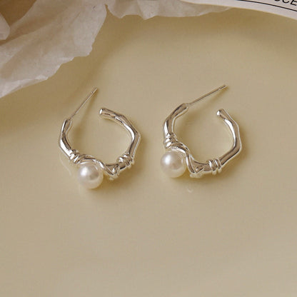 Silver C Hoop Earrings with Pearl