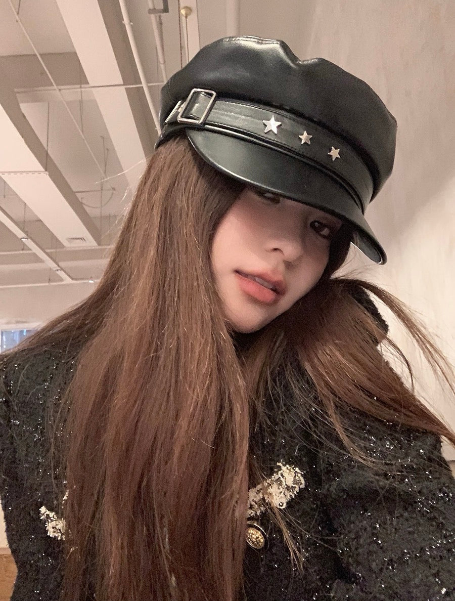 星星元素PU皮贝雷帽Star Element PU Leather Beret