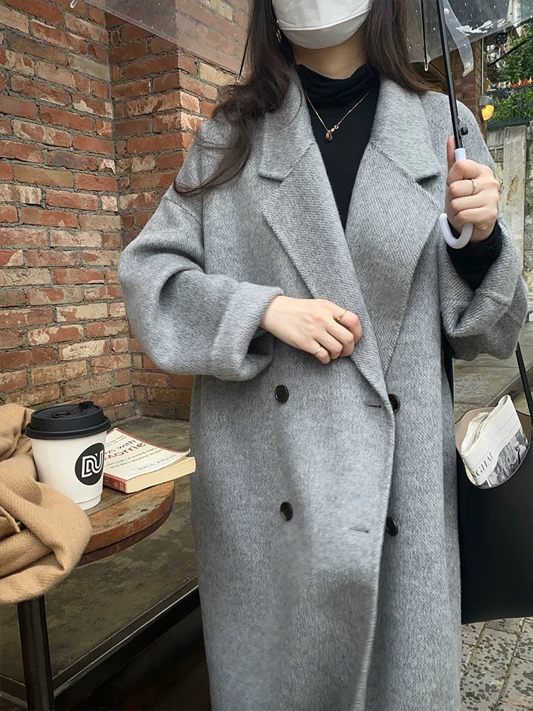 韩系欧尼羊毛呢大衣Button Wool Coat