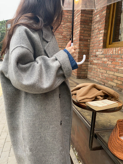 韩系欧尼羊毛呢大衣Button Wool Coat