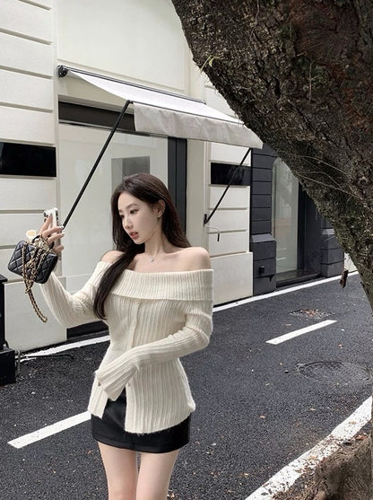 毛衣届白月光Long Sleeve Off shoulder Top