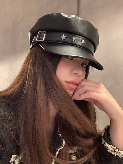 星星元素PU皮贝雷帽Star Element PU Leather Beret