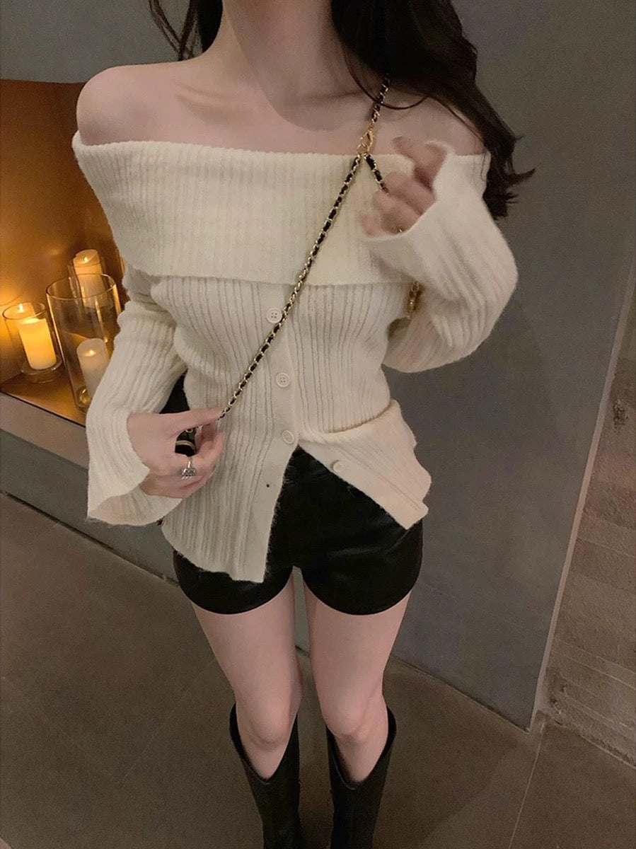 毛衣届白月光Long Sleeve Off shoulder Top