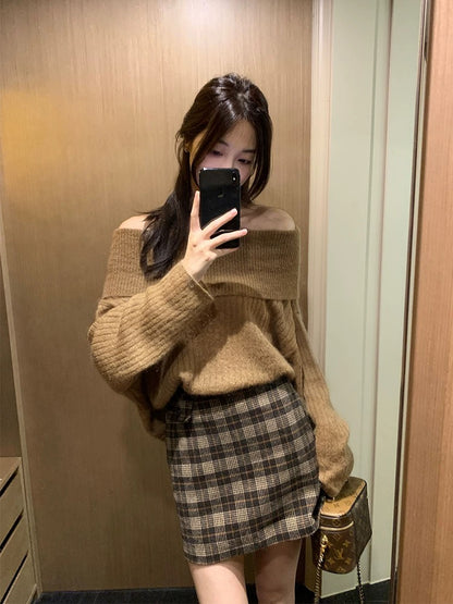 50羊毛格子包臀裙High Waist Plaid Skirt