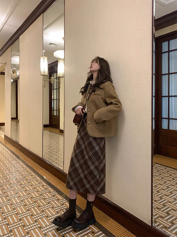 【布朗尼半裙】格纹毛呢开叉裙Tweed Split Midi Skirt