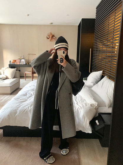 韩系欧尼羊毛呢大衣Button Wool Coat