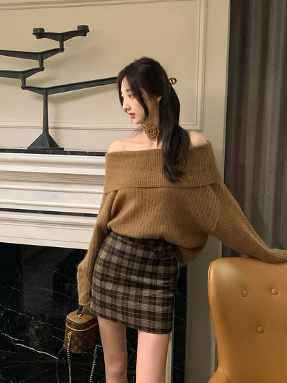 50羊毛格子包臀裙High Waist Plaid Skirt