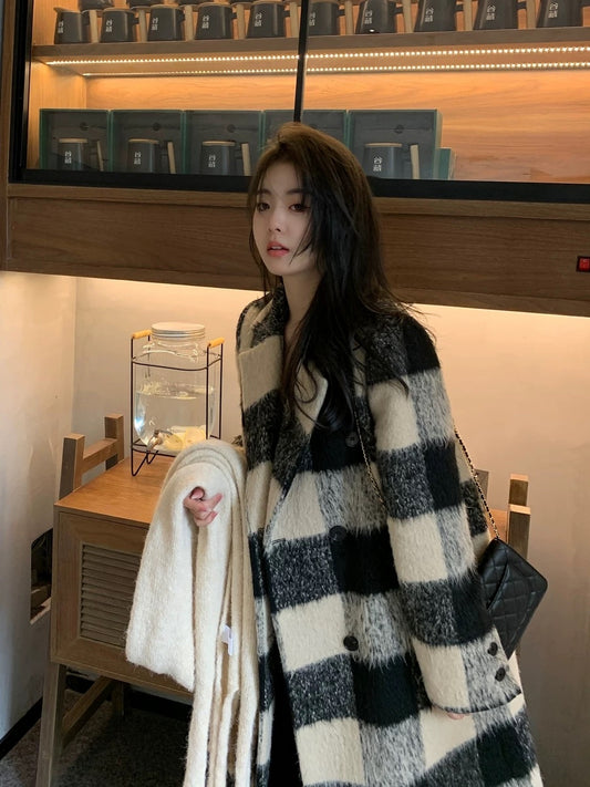 【芝士拿铁】复古格纹大衣Fur Plaid Coat