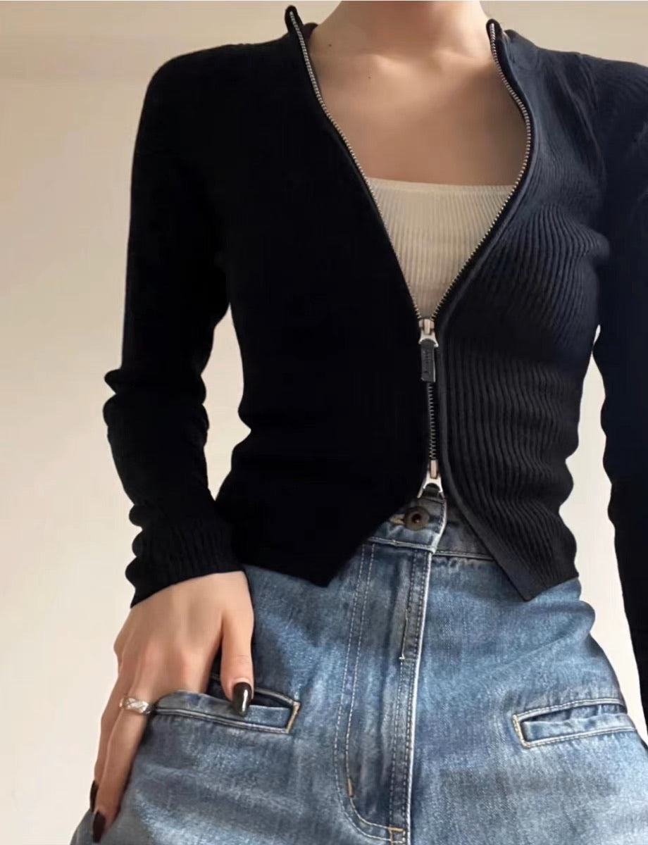 双拉头薄羊毛打底衫Zip Ribbed Cardigan