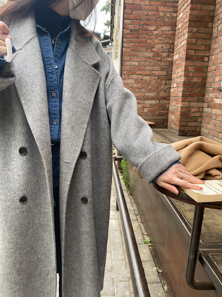 韩系欧尼羊毛呢大衣Button Wool Coat