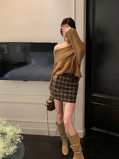 50羊毛格子包臀裙High Waist Plaid Skirt