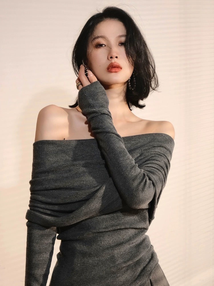 四色纯欲一字肩毛衣Off Shoulder Knit Top