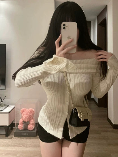 毛衣届白月光Long Sleeve Off shoulder Top