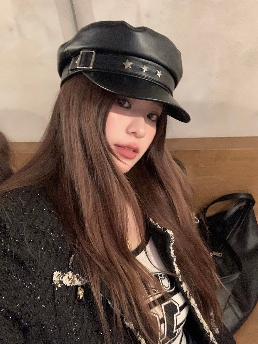 星星元素PU皮贝雷帽Star Element PU Leather Beret