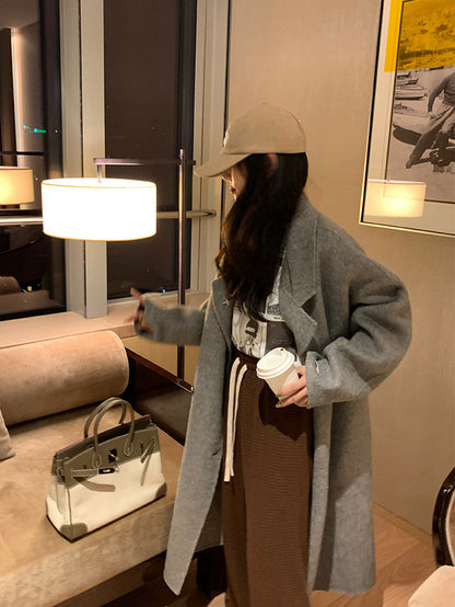 韩系欧尼羊毛呢大衣Button Wool Coat