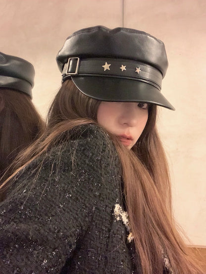 星星元素PU皮贝雷帽Star Element PU Leather Beret