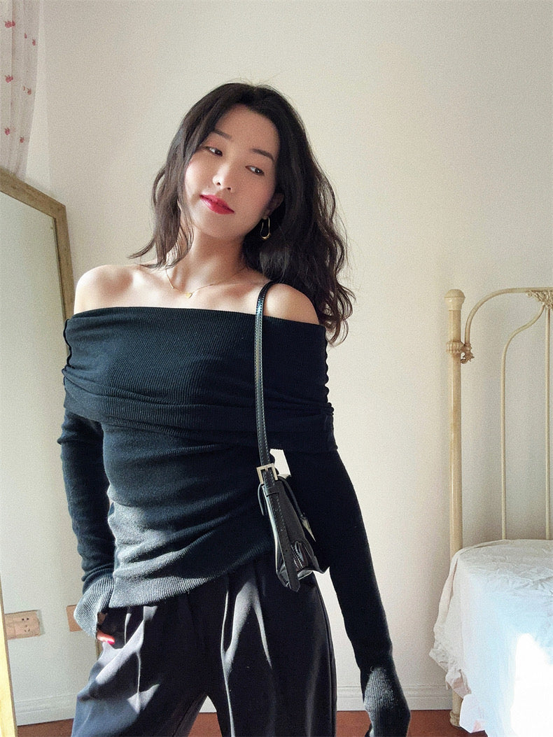 四色纯欲一字肩毛衣Off Shoulder Knit Top