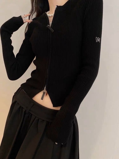 双拉头薄羊毛打底衫Zip Ribbed Cardigan