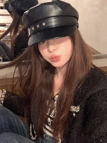 星星元素PU皮贝雷帽Star Element PU Leather Beret