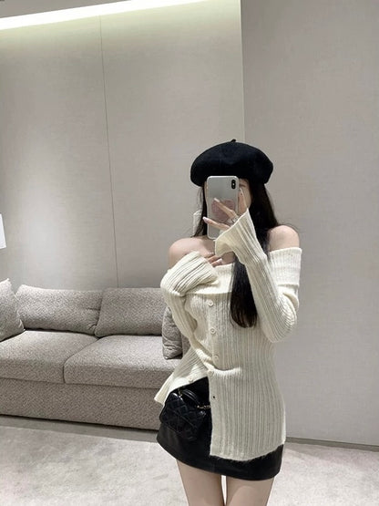 毛衣届白月光Long Sleeve Off shoulder Top