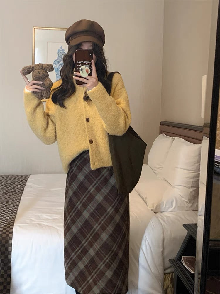 【布朗尼半裙】格纹毛呢开叉裙Tweed Split Midi Skirt