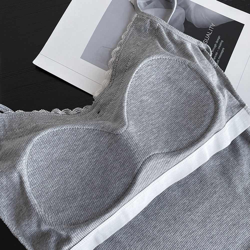 螺纹棉蕾丝吊带Grey Lace Camisole