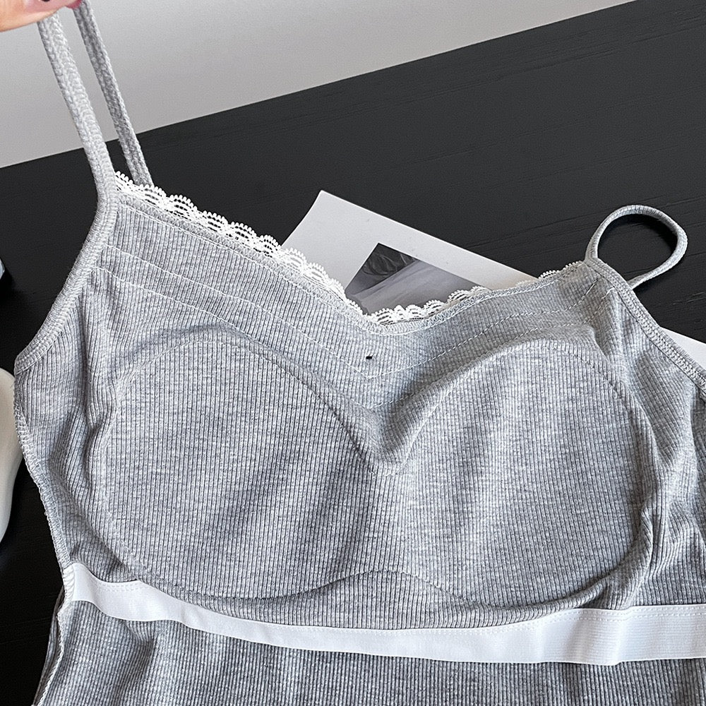 螺纹棉蕾丝吊带Grey Lace Camisole