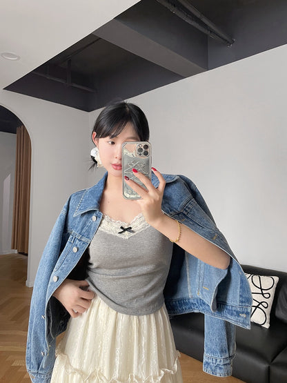 螺纹棉蕾丝吊带Grey Lace Camisole