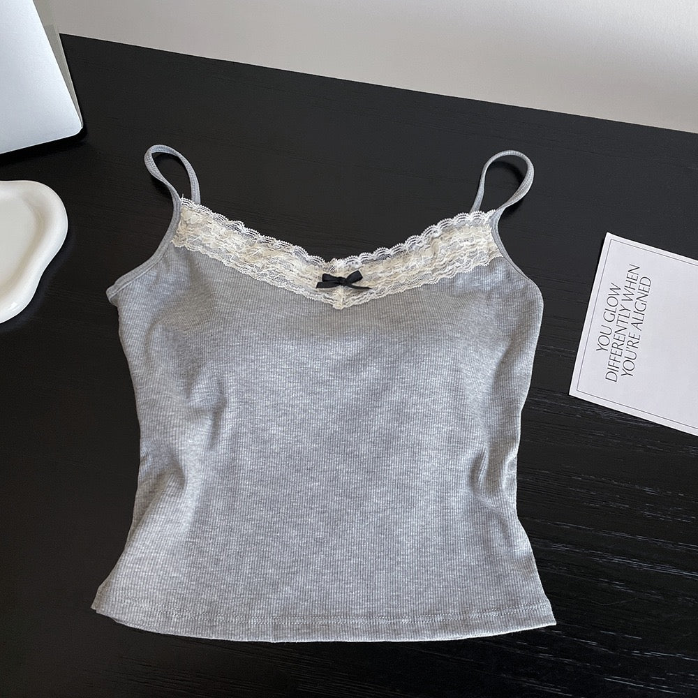 螺纹棉蕾丝吊带Grey Lace Camisole
