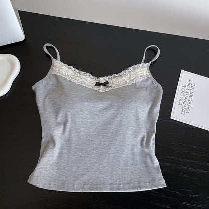 螺纹棉蕾丝吊带Grey Lace Camisole