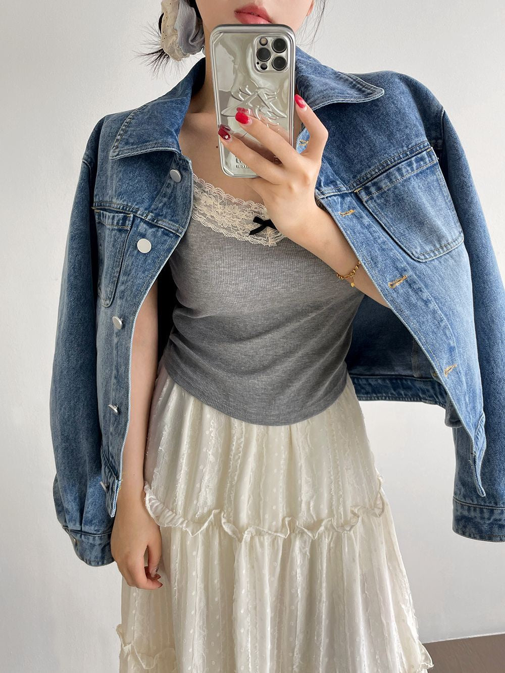 螺纹棉蕾丝吊带Grey Lace Camisole