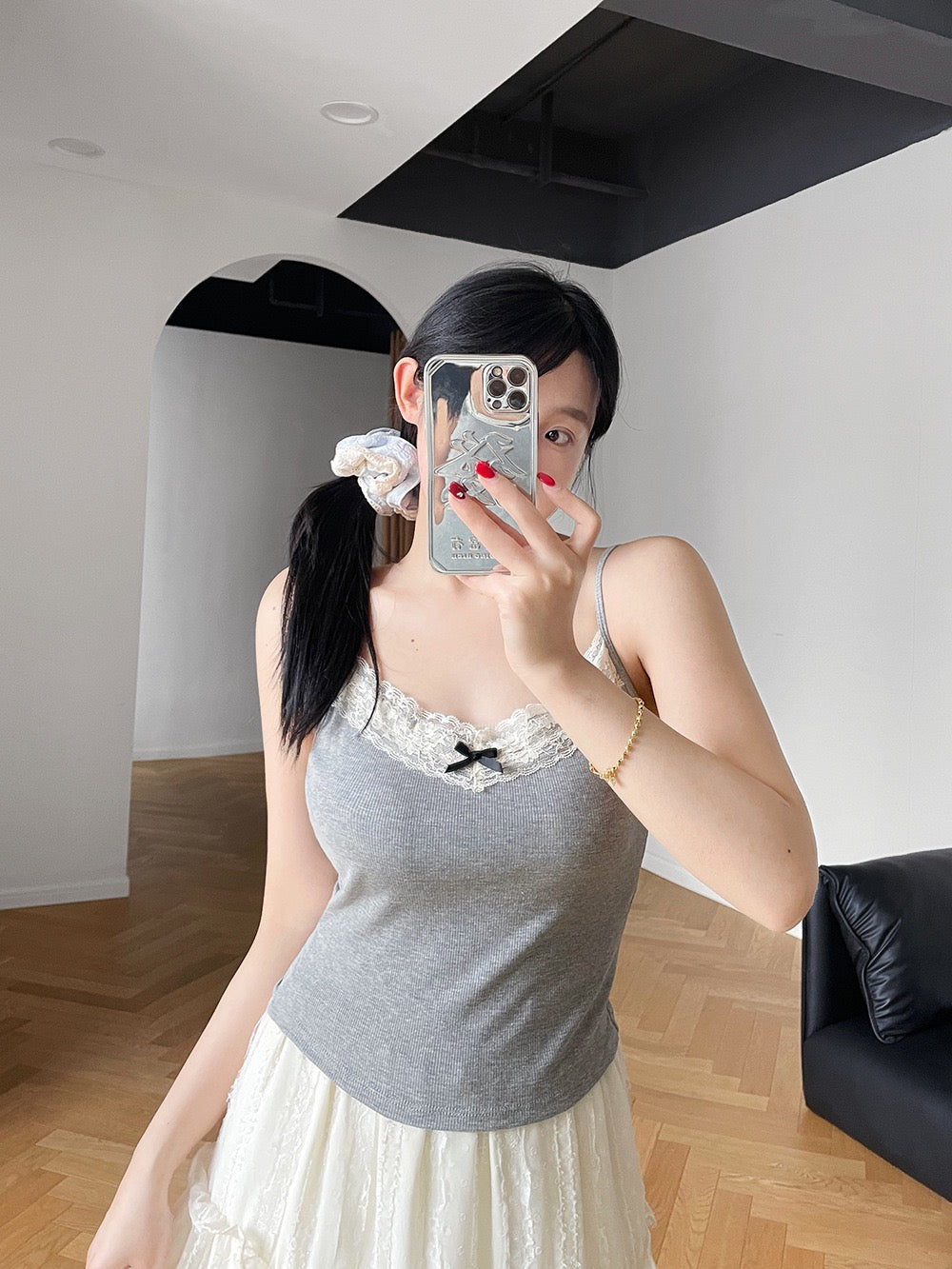 螺纹棉蕾丝吊带Grey Lace Camisole