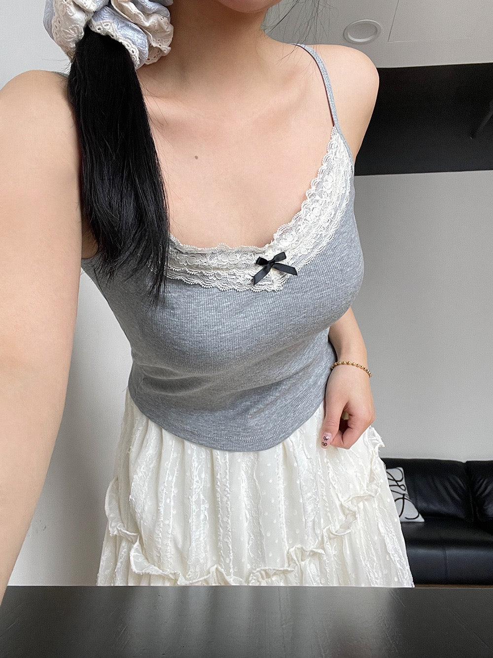螺纹棉蕾丝吊带Grey Lace Camisole