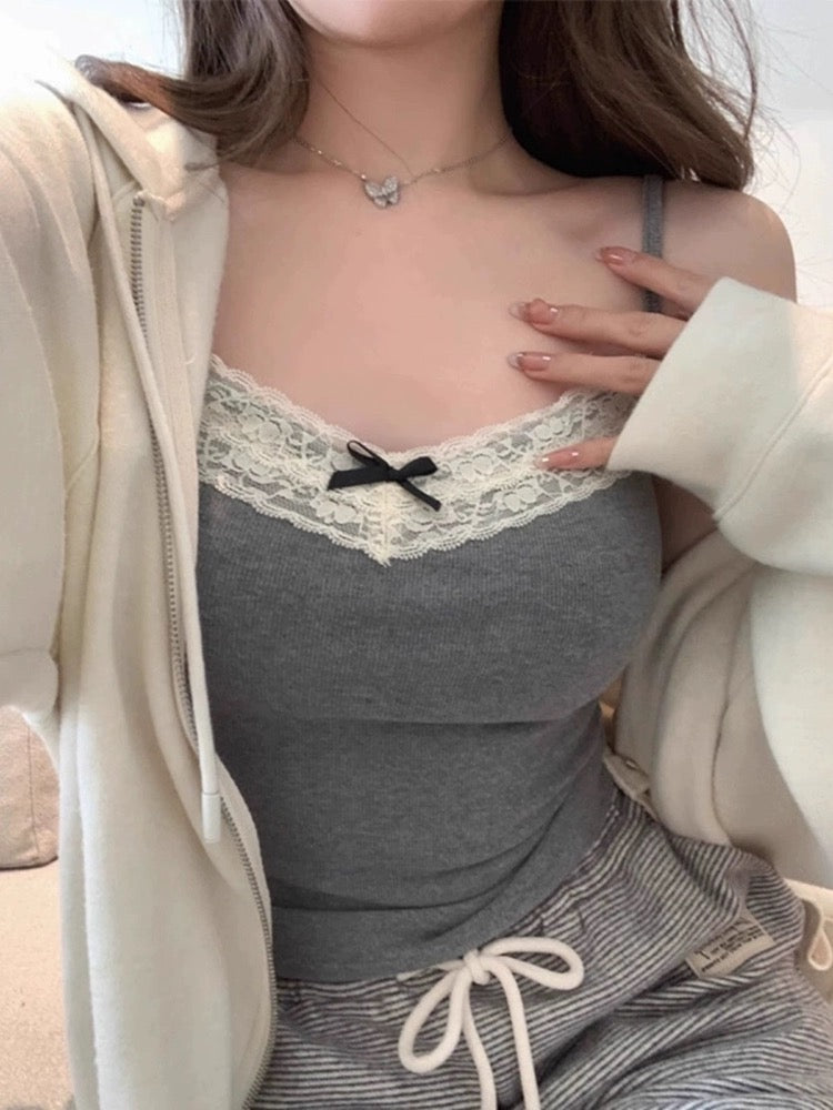 螺纹棉蕾丝吊带Grey Lace Camisole