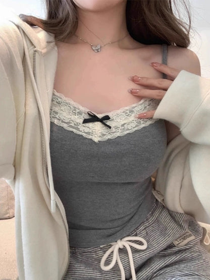 螺纹棉蕾丝吊带Grey Lace Camisole