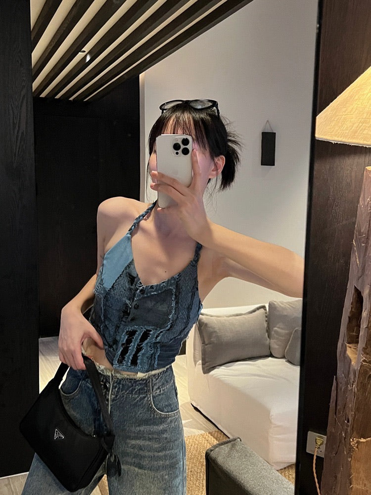 蓝色妖姬豹纹吊带Blue Vacation Vibes Halter Camisole