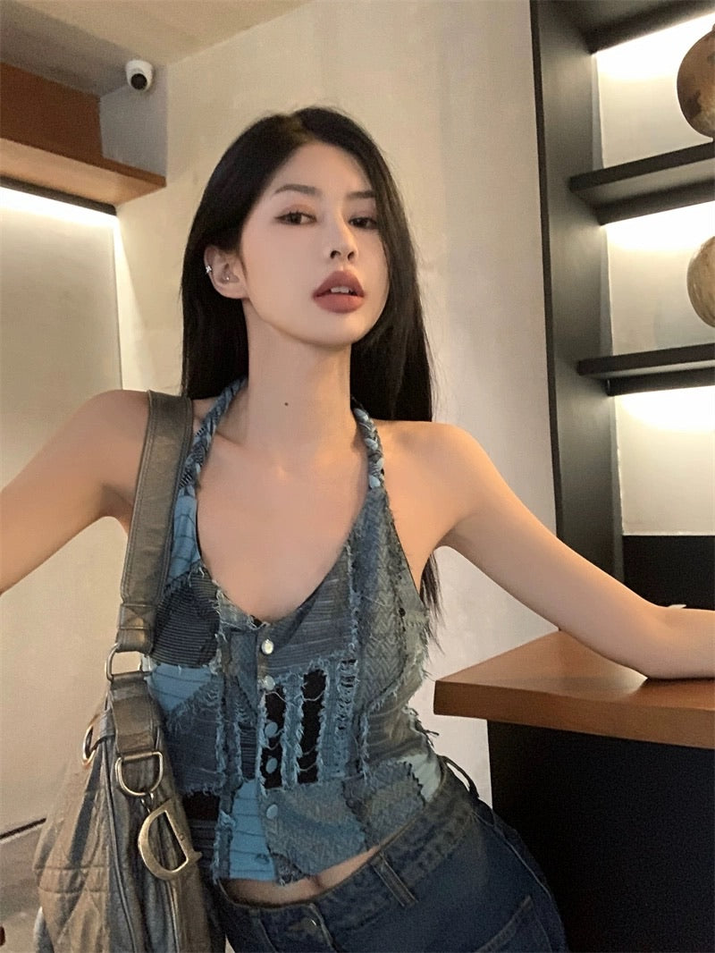 蓝色妖姬豹纹吊带Blue Vacation Vibes Halter Camisole