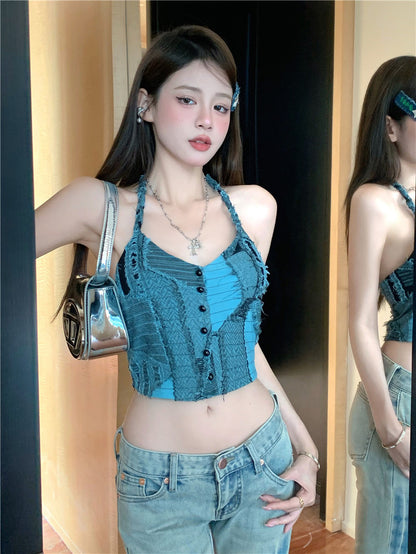 蓝色妖姬豹纹吊带Blue Vacation Vibes Halter Camisole