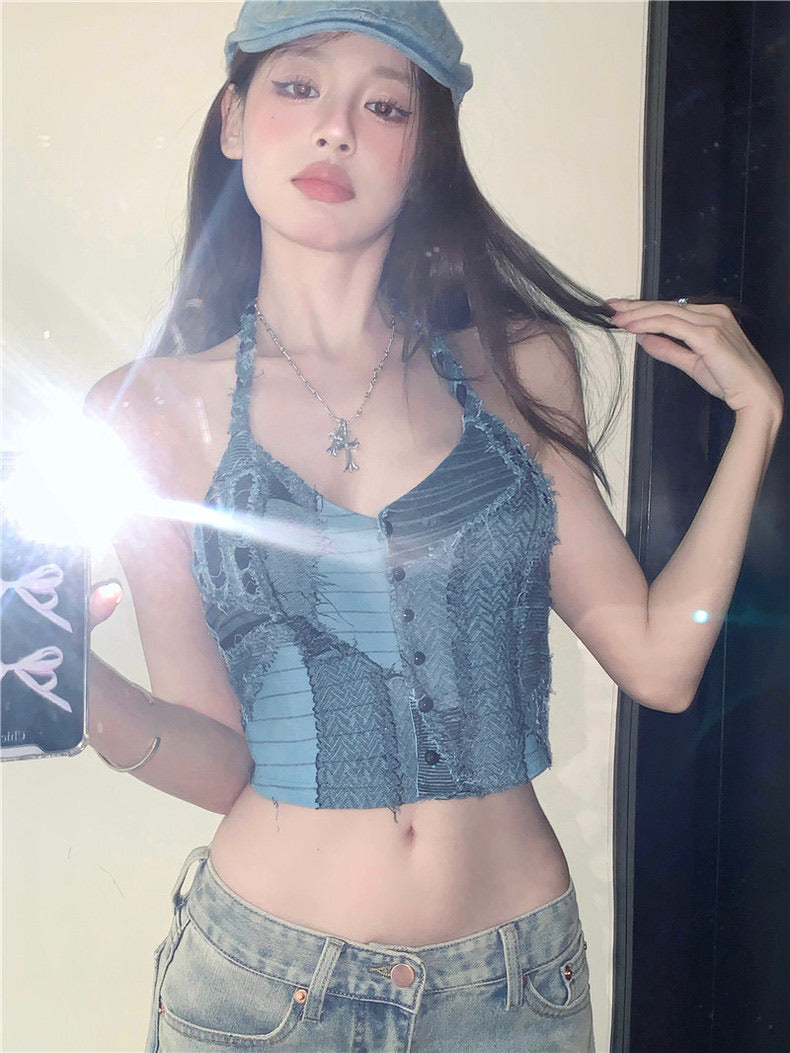 蓝色妖姬豹纹吊带Blue Vacation Vibes Halter Camisole