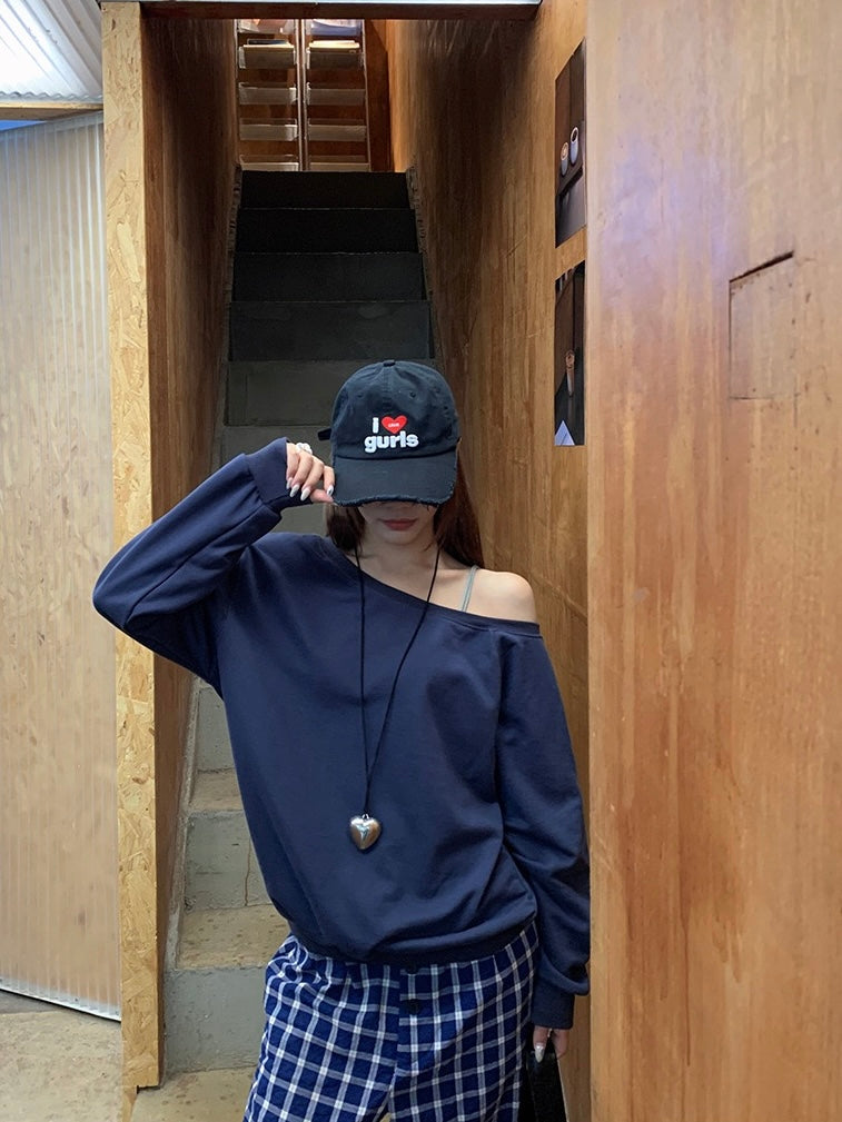 斜肩慵懒松弛感 露肩宽松长袖卫衣Slant Shoulder Loose Sweatshirt