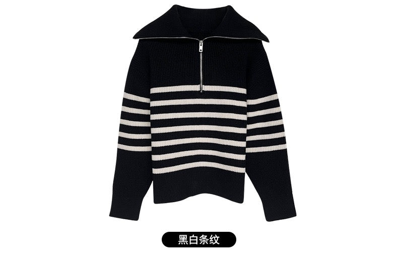 20%OFF*「经典不过时」翻领拉链条纹毛衣Lapel Zip Stripe Sweater