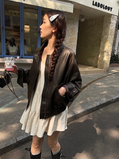 复古做旧宽松皮衣外套Vintage old loose leather jacket