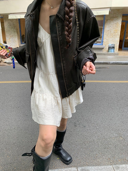 复古做旧宽松皮衣外套Vintage old loose leather jacket