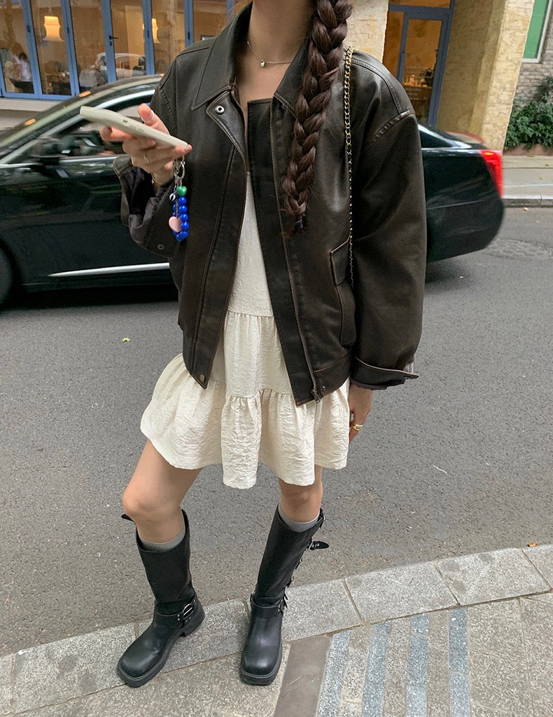 复古做旧宽松皮衣外套Vintage old loose leather jacket