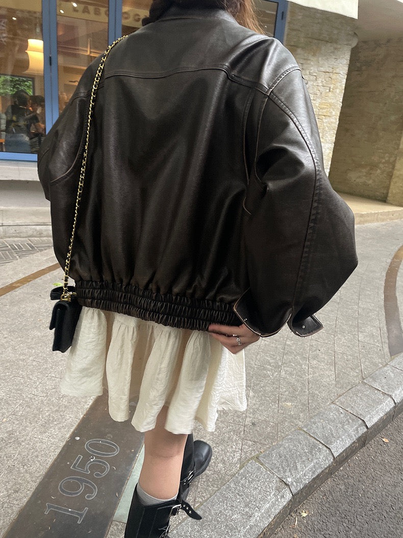 复古做旧宽松皮衣外套Vintage old loose leather jacket